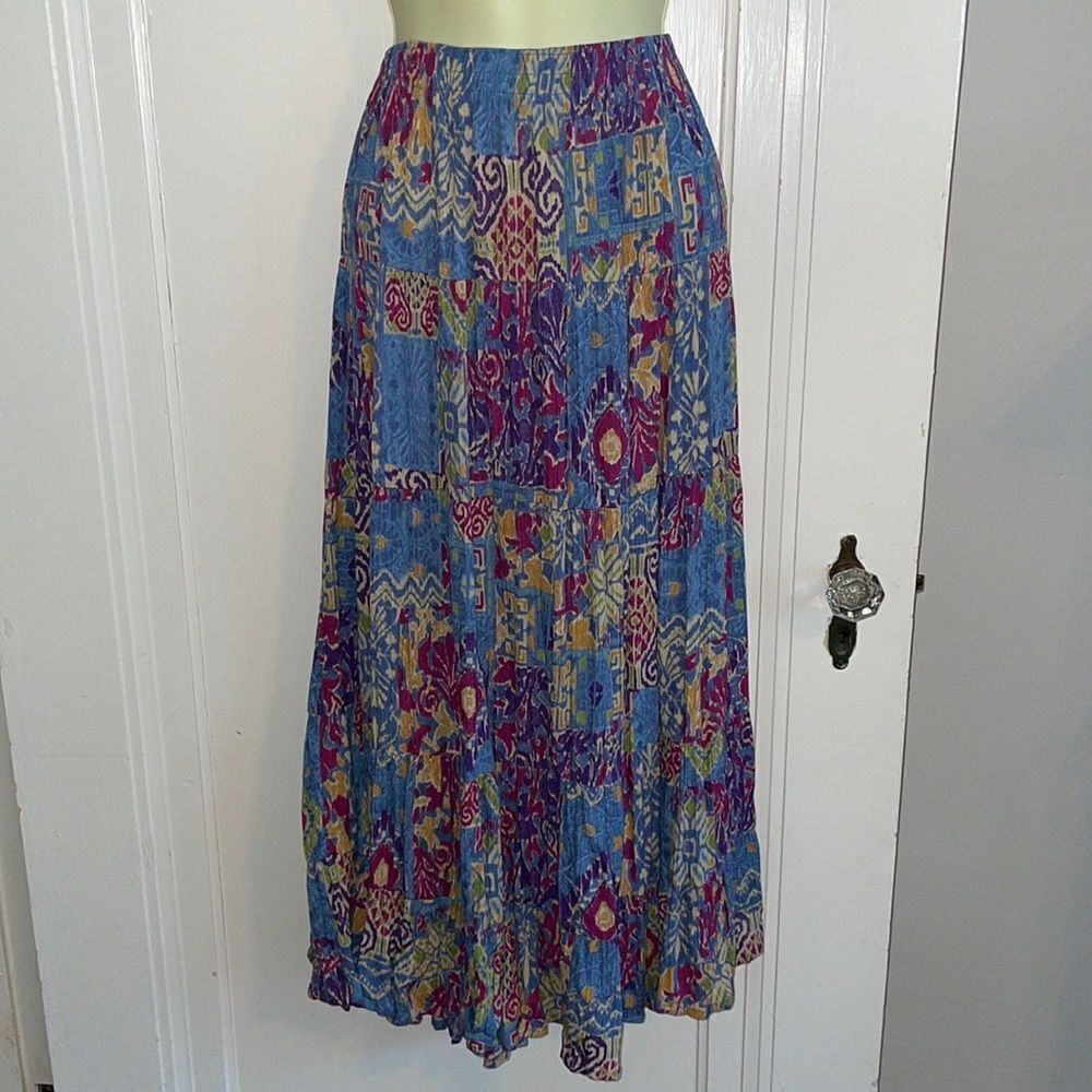 Vtg Koret City Blues Petites boho blue & purple batik crinkle cloth midi skirt